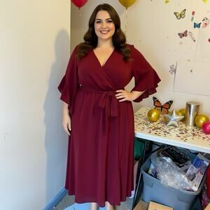 Cicidudu 1XL Burgundy Party Maxi Dress Bell Sleeve Smocked Waist V Neck TieWaist